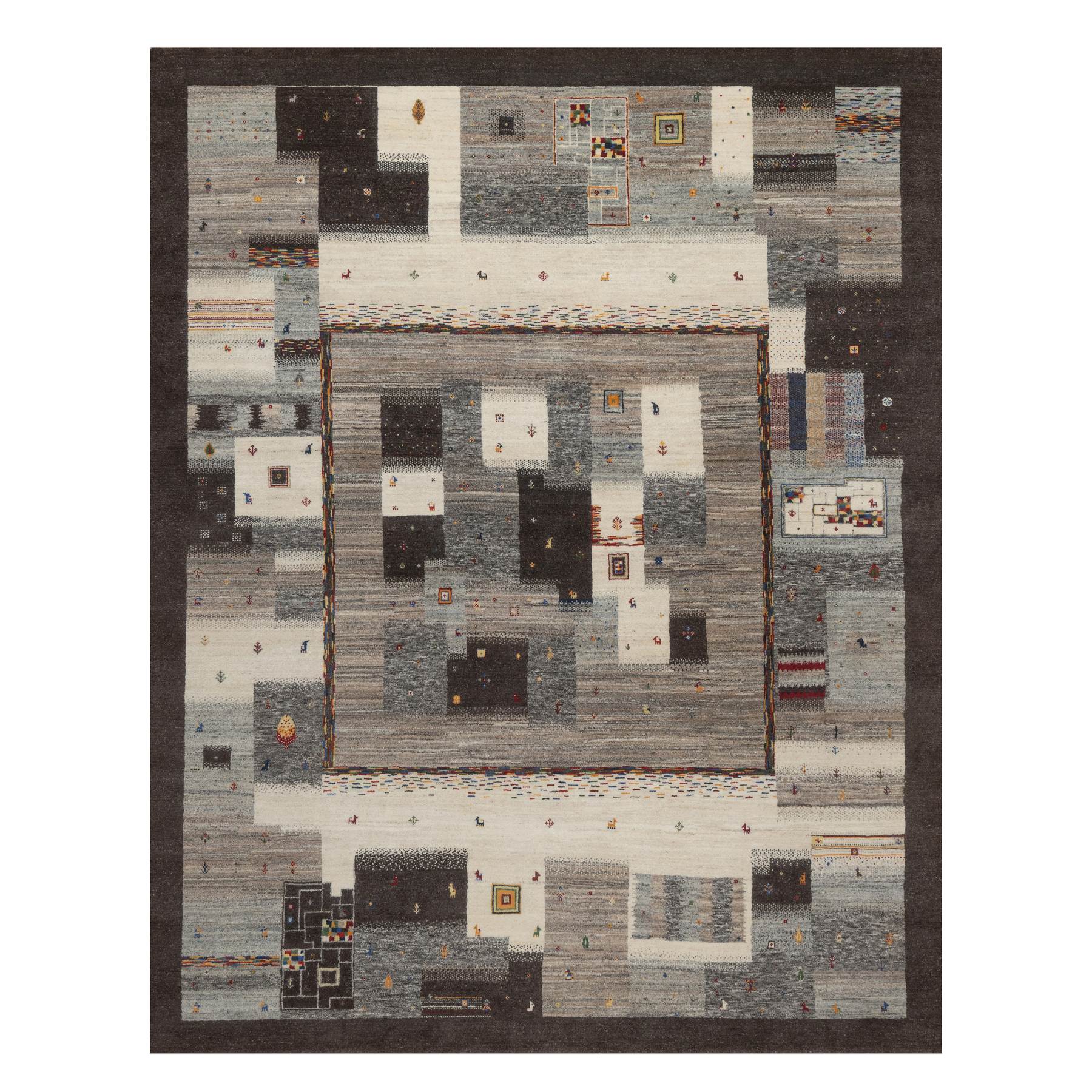 Chocolate Brown, Lori Buft Gabbeh with Block Design, Small Animal Figurines, Modern, Soft Wool, Hand Knotted, Thick and Plush, Oriental Rug